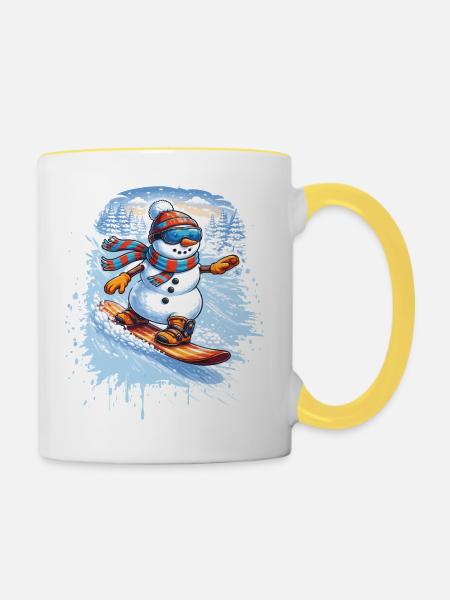 Cooler Schneemann beim Snowboarden – Winterspaß - Tasse zweifarbig - Weiß/Gelb