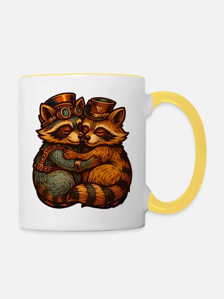 Steampunk-Fuchsduo Umarmung - Tasse zweifarbig - Weiß/Gelb