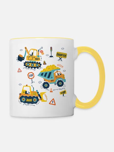 Baumaschinen, niedlicher Baggerfahrer - Tasse zweifarbig - Weiß/Gelb