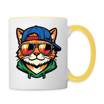 Chat avec des lunettes de soleil - Mug contrasté - blanc/jaune - Droite