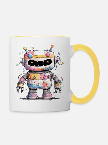 Bunter Roboter mit Farbspritzern - Tasse zweifarbig - Weiß/Gelb