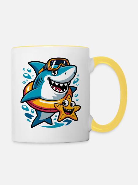 Lustiger Hai mit Seestern - Tasse zweifarbig - Weiß/Gelb