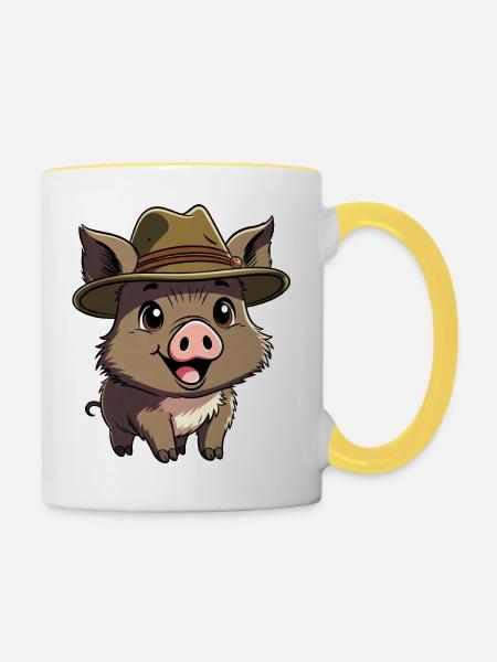 Wildschwein mit Hut - Tasse zweifarbig - Weiß/Gelb