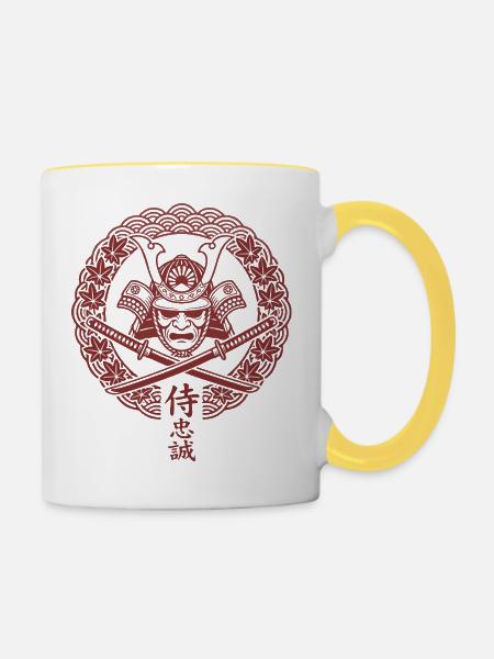 Samurai Wappen Front - Tasse zweifarbig - Weiß/Gelb
