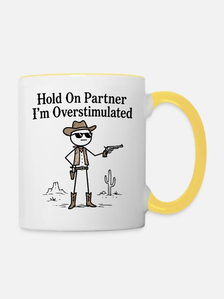 Cowboy Stickman Humor-Sinnesüberflutung - Tasse zweifarbig - Weiß/Gelb