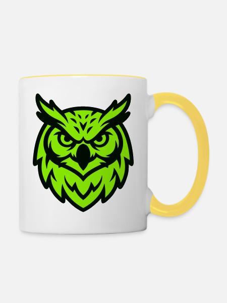 Gruene Eule Maskottchen Logo - Tasse zweifarbig - Weiß/Gelb