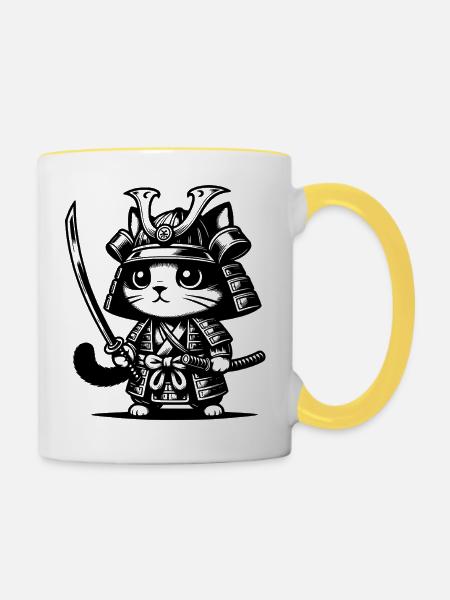 Samurai-Katze – Originalgeschenk - Tasse zweifarbig - Weiß/Gelb