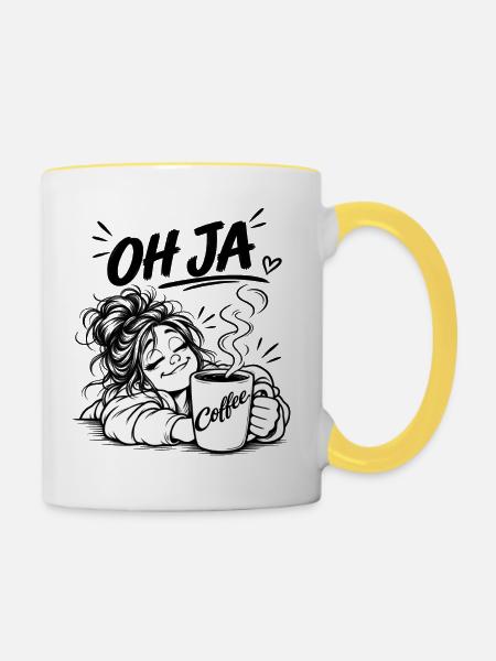 Kaffee Oh Ja Cartoon - Tasse zweifarbig - Weiß/Gelb