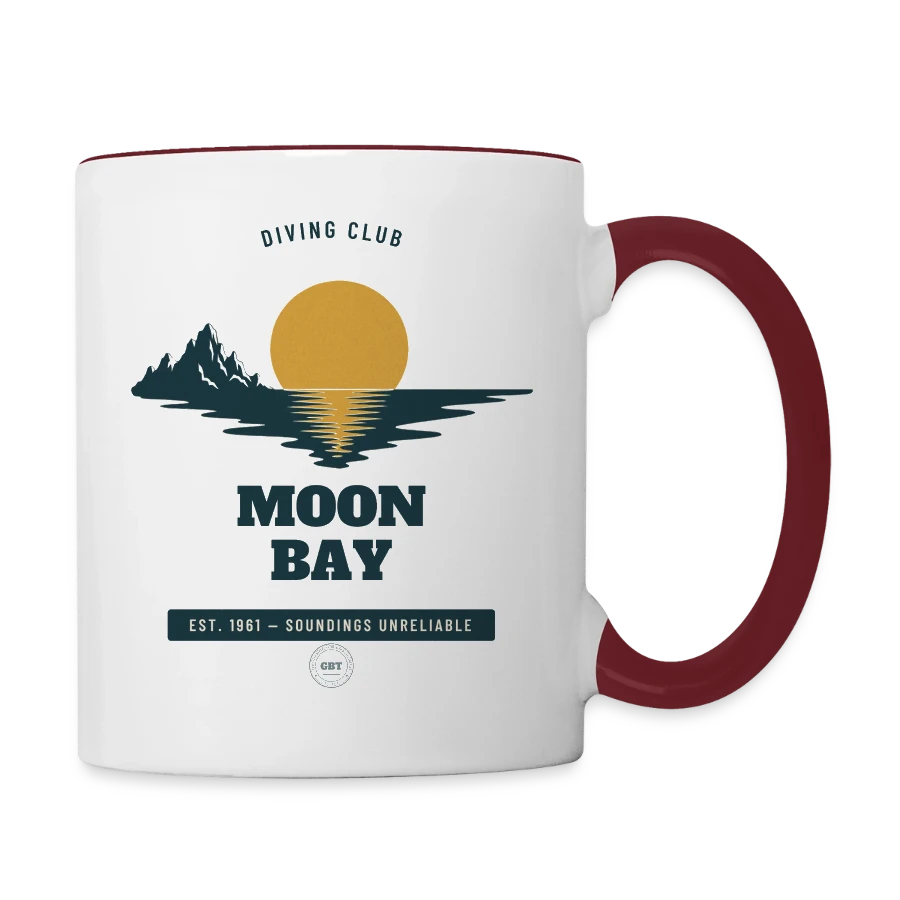 Moon Bay badge on a contrasting mug, white/maroon