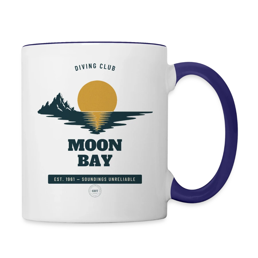 Moon Bay badge on a contrasting mug, white/cobalt blue