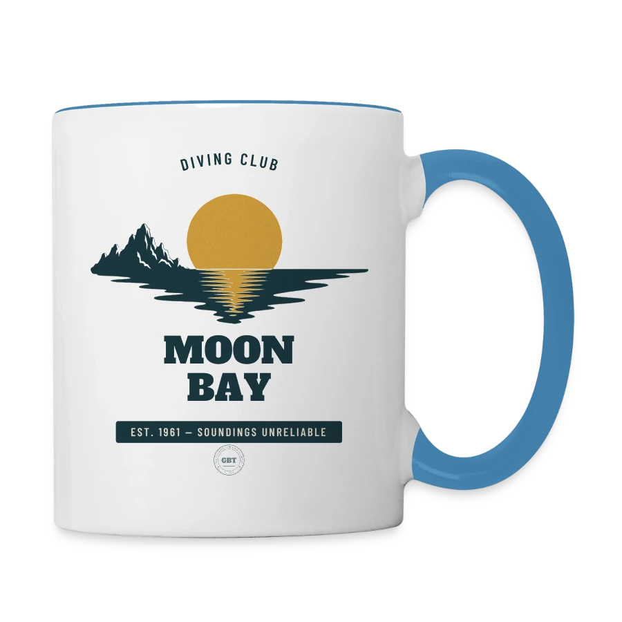 Moon Bay badge on a contrasting mug, white/light blue