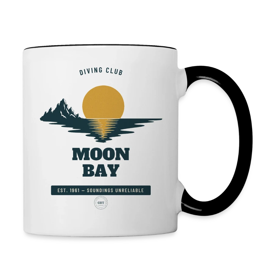 Moon Bay badge on a contrasting mug, white/black, right