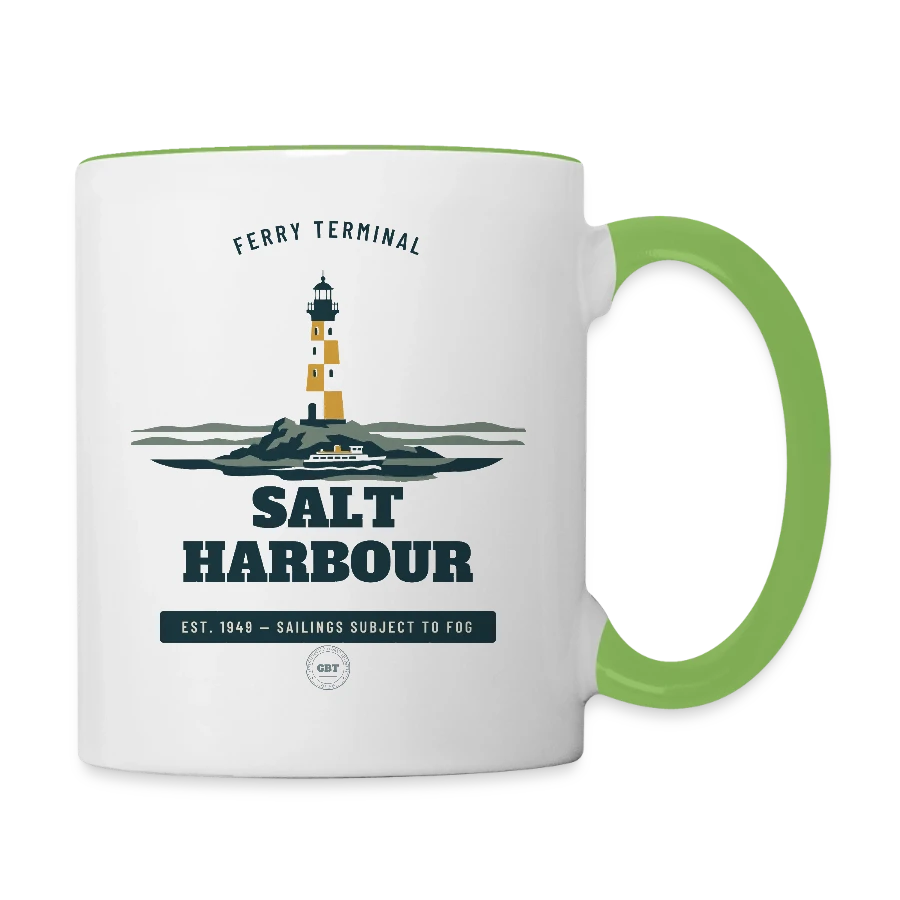 Salt Harbour badge on a contrasting mug, white/green gecko