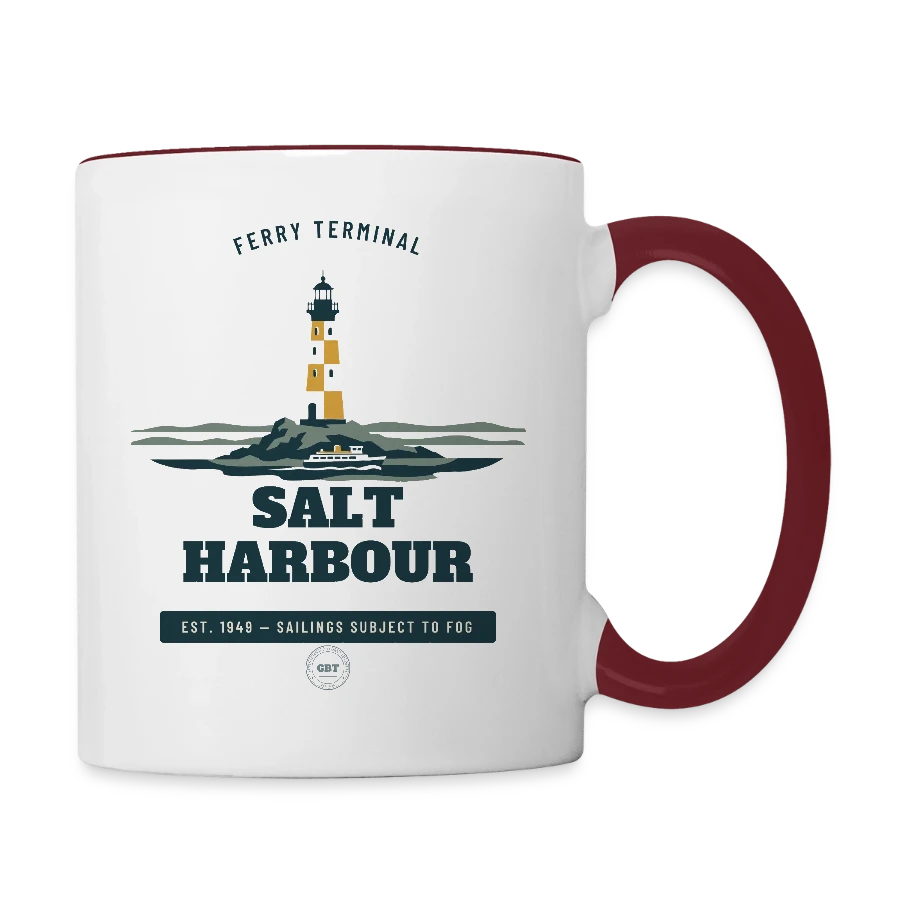 Salt Harbour badge on a contrasting mug, white/maroon