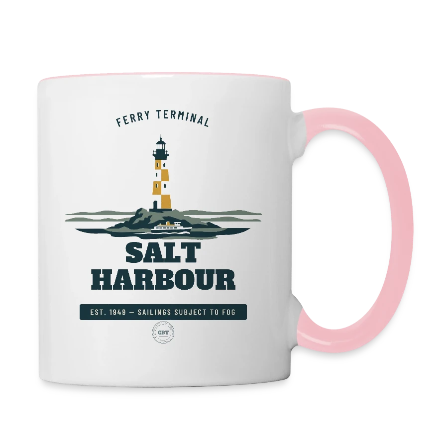Salt Harbour badge on a contrasting mug, white/pink