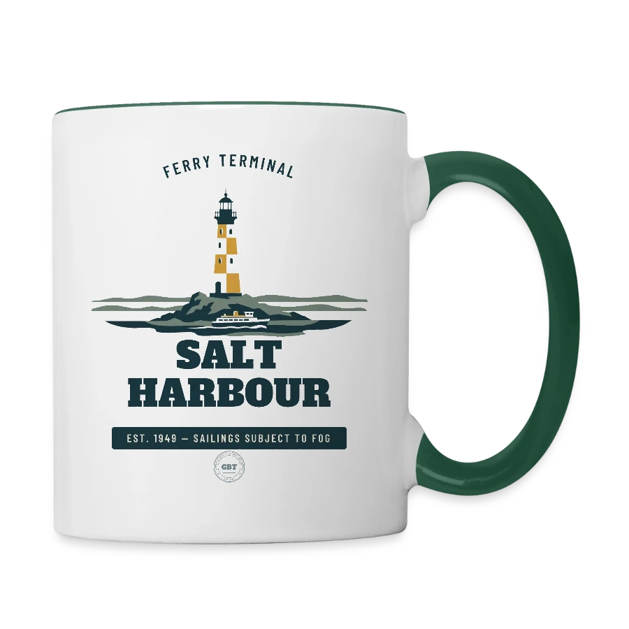 Salt Harbour badge on a contrasting mug, white/dark green