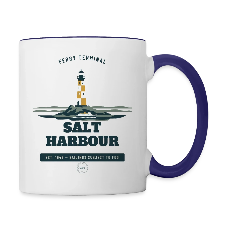 Salt Harbour badge on a contrasting mug, white/cobalt blue