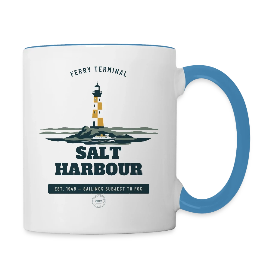 Salt Harbour badge on a contrasting mug, white/light blue