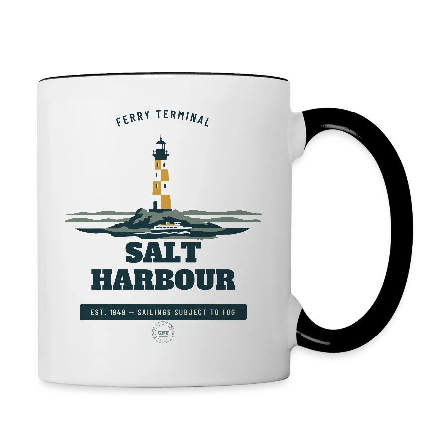 Salt Harbour badge on a contrasting mug, white/black, right