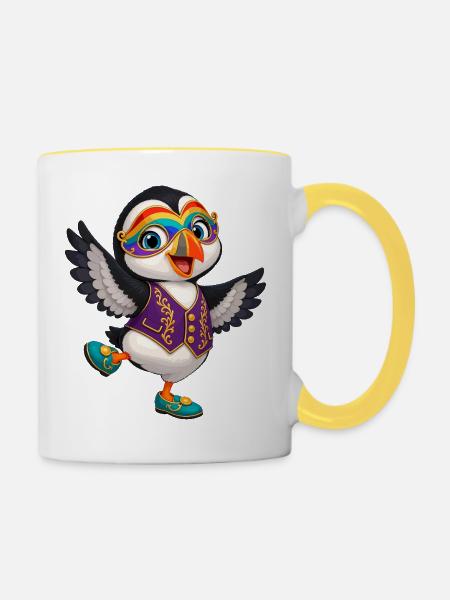 Karnevals-Pinguin im Lila-Weste - Tasse zweifarbig - Weiß/Gelb