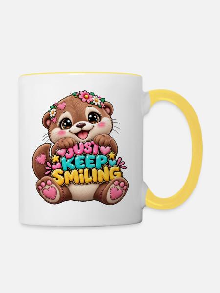 Keep Smiling Bär mit Blumenkranz - Tasse zweifarbig - Weiß/Gelb