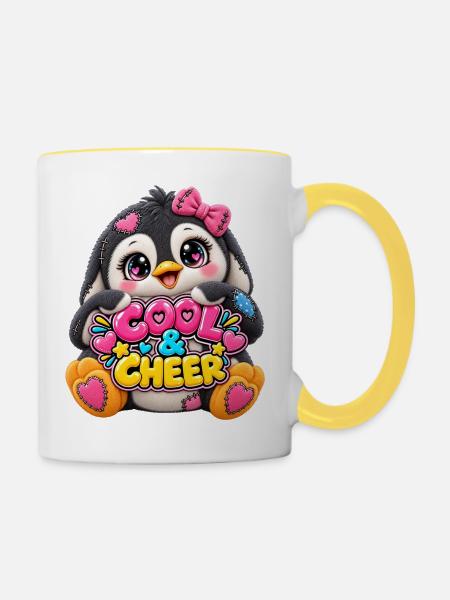 Patchwork-Pinguin mit Herztext - Tasse zweifarbig - Weiß/Gelb
