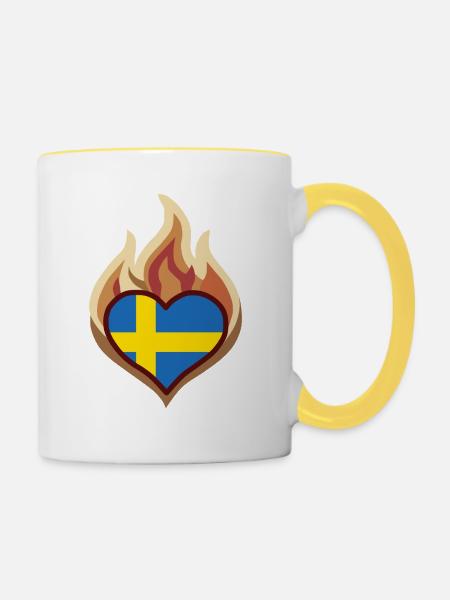 Sweden Flag Heart on Fire - Tasse zweifarbig - Weiß/Gelb