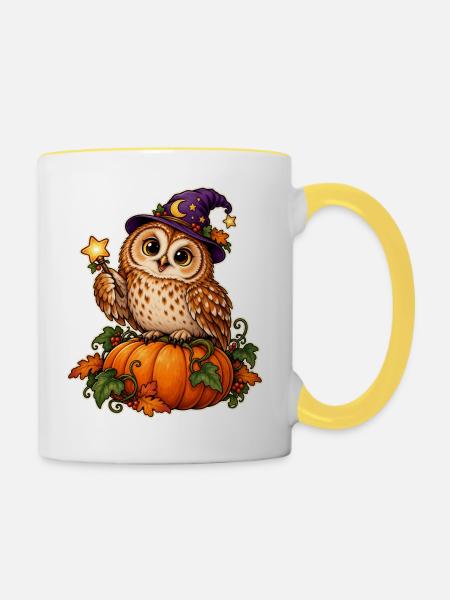 Kürbis-Zauberer-Eule - Tasse zweifarbig - Weiß/Gelb