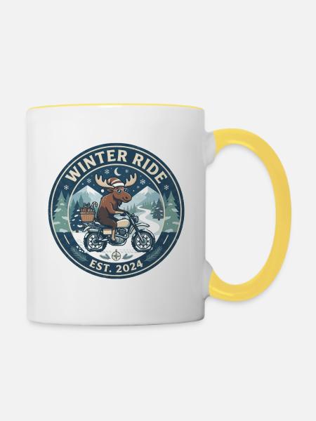 Winterfahrt: Elch auf Motorrad - Tasse zweifarbig - Weiß/Gelb