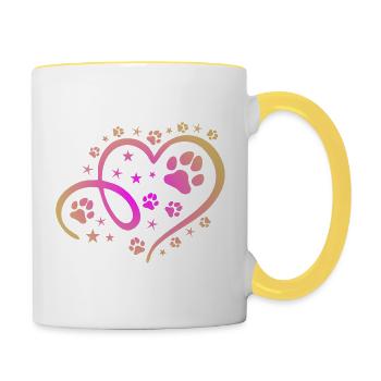 Herz mit Pfötchen und Sternen - Tasse zweifarbig - Weiß/Gelb - Rechts