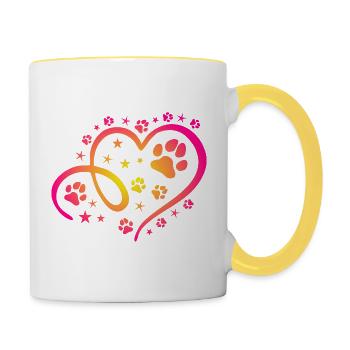 Herz mit Pfötchen und Sternen - Tasse zweifarbig - Weiß/Gelb - Rechts