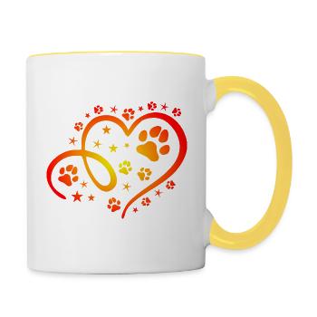 Herz mit Pfötchen und Sternen - Tasse zweifarbig - Weiß/Gelb - Rechts
