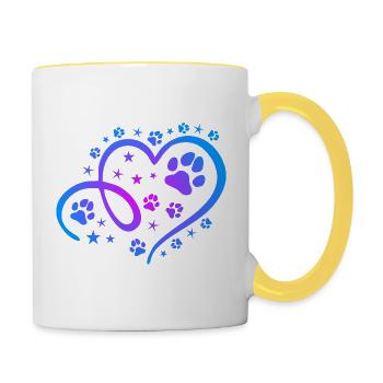 Herz mit Pfötchen und Sternen - Tasse zweifarbig - Weiß/Gelb - Rechts