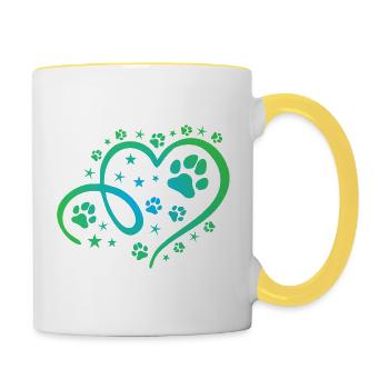Herz mit Pfötchen und Sternen - Tasse zweifarbig - Weiß/Gelb - Rechts