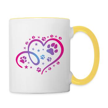 Herz mit Pfötchen und Sternen - Tasse zweifarbig - Weiß/Gelb - Rechts
