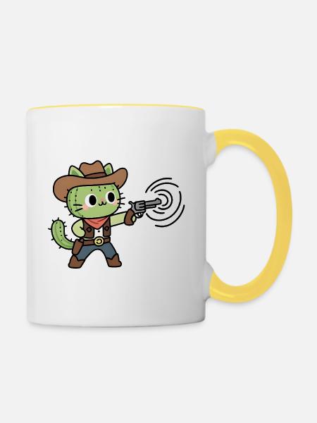 Grüne Cowboykatze mit Pistole - Tasse zweifarbig - Weiß/Gelb