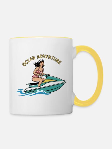 Pin-up-Mädchen auf Jetski - Tasse zweifarbig - Weiß/Gelb