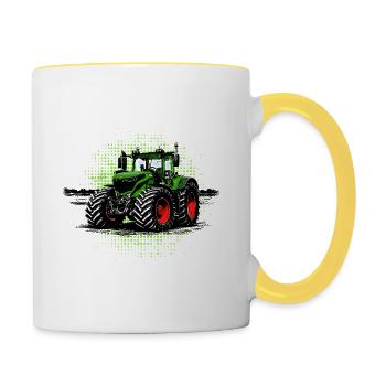 Grüner Traktor – Halftone rote felgen Traktorfans - Tasse zweifarbig - Weiß/Gelb - Rechts