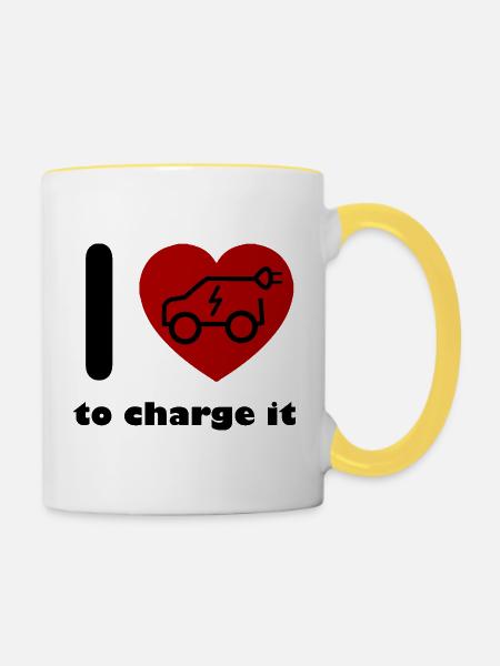 Herz und Elektroauto-Liebe - Tasse zweifarbig - Weiß/Gelb