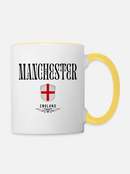 Manchester Souvenir, elegantes Manchester-Design - Tasse zweifarbig - Weiß/Gelb