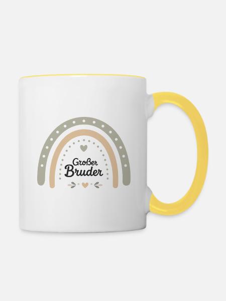 Boho Geschwisterdesign Regenbogen mit Schriftzug - Tasse zweifarbig - Weiß/Gelb