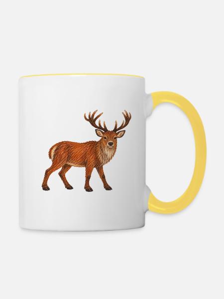 Rothirsch im Wald abgebildet - Tasse zweifarbig - Weiß/Gelb