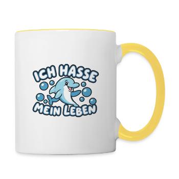 Delfin mit absurdem Lebensmotto - Tasse zweifarbig - Weiß/Gelb - Rechts