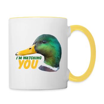 Ente - Ich beobachte Dich - Tasse zweifarbig - Weiß/Gelb - Rechts