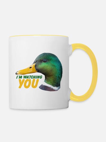Ente - Ich beobachte Dich - Tasse zweifarbig - Weiß/Gelb