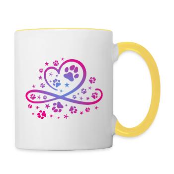 Herz mit Pfötchen und Sternen - Tasse zweifarbig - Weiß/Gelb - Rechts