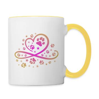Herz mit Pfötchen und Sternen - Tasse zweifarbig - Weiß/Gelb - Rechts