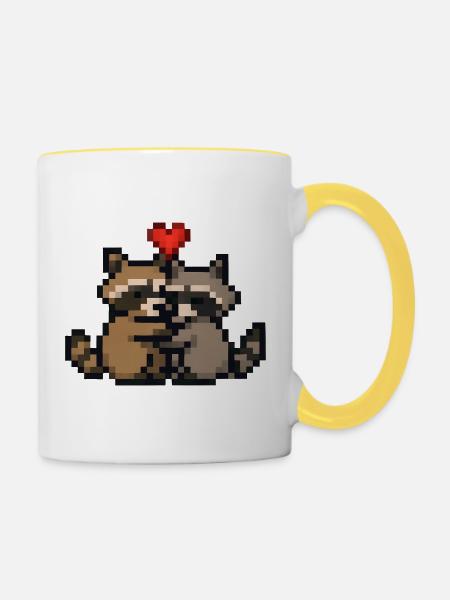Pixelherz Waschbären Retro Pixelkunst - Tasse zweifarbig - Weiß/Gelb