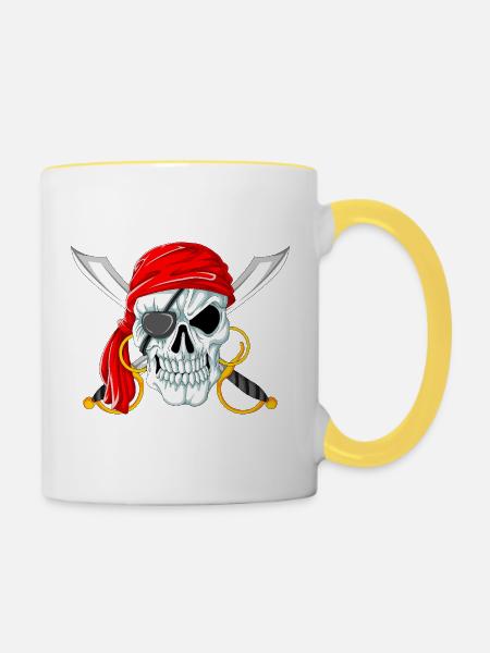 Piratenschädel mit Schwertern Jolly Roger Design - Tasse zweifarbig - Weiß/Gelb