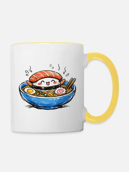 Kawaii Sushi-Ramen Bowl Illustration - Tasse zweifarbig - Weiß/Gelb